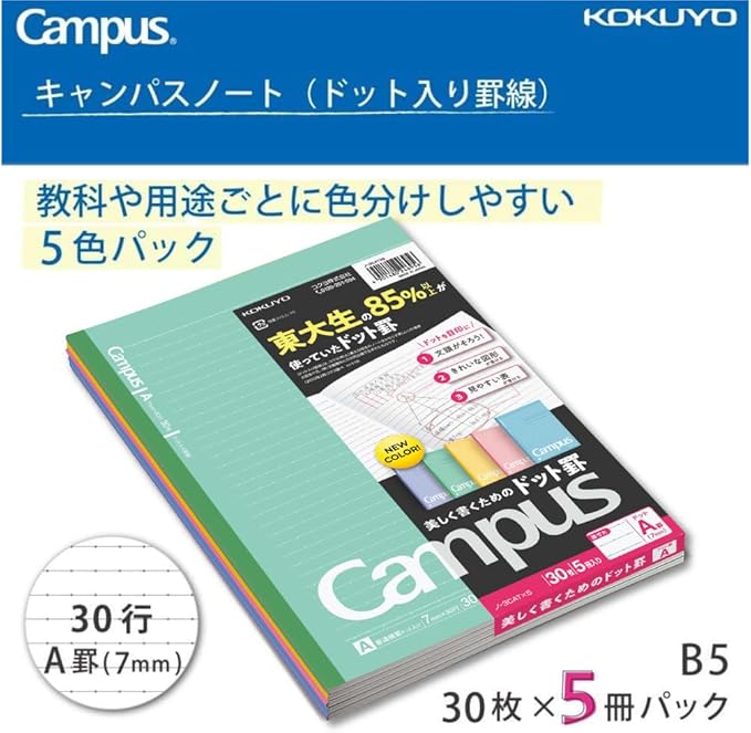 KOKUYO Campus Notebook, A 7mm(0.28in) Dot Ruled, Semi-B5, 30 Sheets, Pack of 5, 5 Colors (NO-3CATNX5)