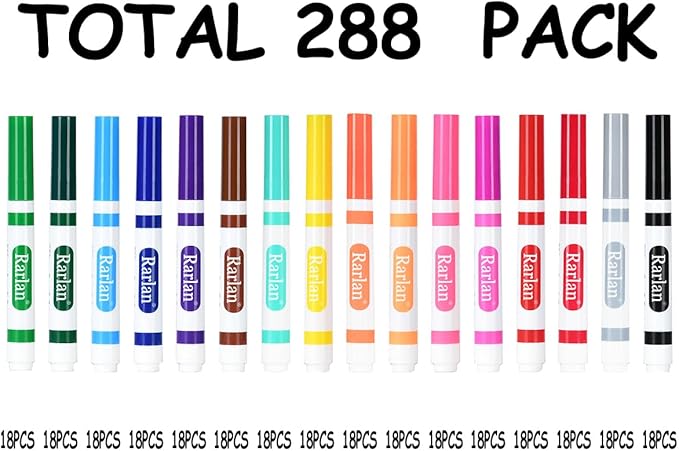 Rarlan Washable Markers Bulk for Kids, Classroom Pack, 16 Colors, 18 Boxes, 288 Count