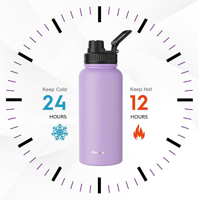 Navigate 32oz Insulated Water Bottle for Sports, Keep Cold 24H | 2-in-1 Spout and Handle Lids, Double Leak-Proof, 18/8 Stainless Steel, BPA-Free, Wide Mouth for Gym and Hiking,Purple