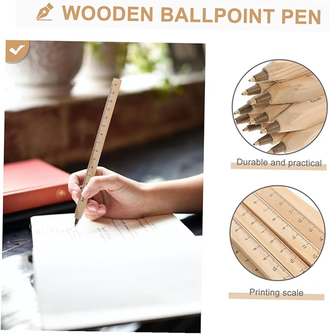 PRETYZOOM 20pcs Black Ballpoint Pens Wooden Carpenter Signature Pens with Printed Ruler Scale Natural Biodegradable Material for Construction and Engineering Use