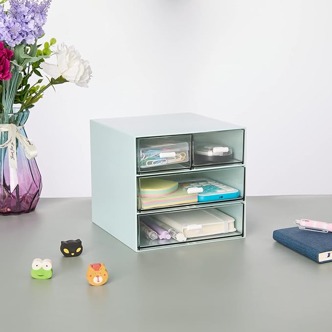 Desk Organizer with 4 Drawers, Clear Plastic Desk Storage Box, Desktop Organization for Office Supplies, Gel Pens, Pencils, Markers, Tape, Erasers, Paperclips, Chargers (Blue)