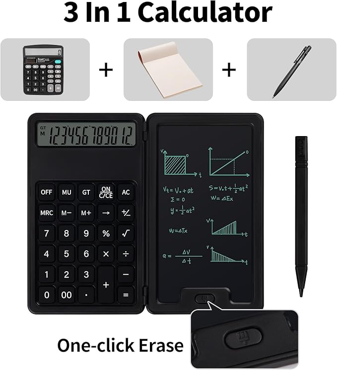Desk Portable Basic Calculator, Small Mini Calculators with Writing Notepad and Stylus, More Lightweight and Portable, 12Digit Large Display Multi-Function for Office, School, Home & Financial (Black)