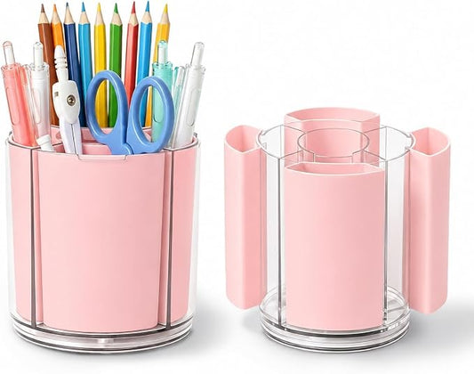360° Rotating Pen Holder for Desk Adjustable Pencil Organizer, Pink | Plastic Pen Cup for Women Cute Office Supplies and Accessories Desktop Storage Box Art Caddy for School, Work, Home