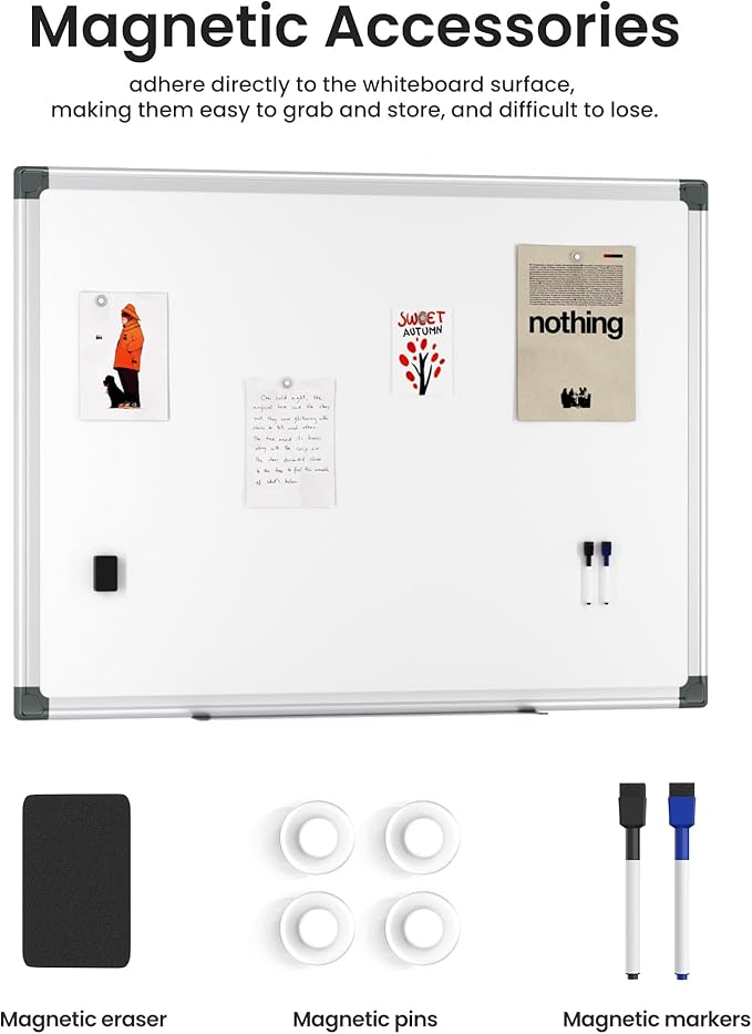 Magnetic White Board Hanging 36" x 48" for Office, Class, Home, Sliver Aluminum Frame, 1 Dry-Erase Eraser, 2 Multicolor Marker, 4 Magnetic Pins, Students, Teachers