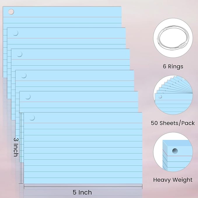 300 Count Index Cards 3 x 5 Inch Blue Flash Cards with Ring, Heavy Flashcards College Ruled Home Organization, Durable Study To Do List Note Cards with Ruled Lines for Office & School Supplies