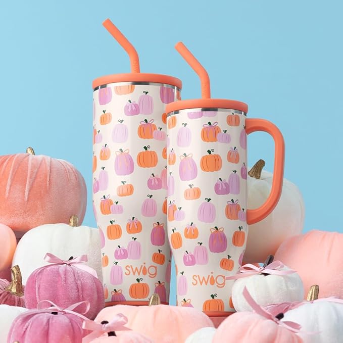 Swig Life 40oz Mega Mug, 40oz Tumbler with Handle and Straw, Extra Large Insulated Tumblers, Cup Holder Friendly Travel Mug (Pumpkins and Bows)
