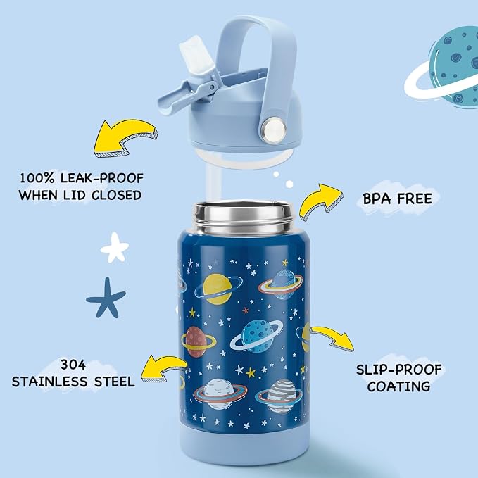 Kerilyn 12oz Kids Water Bottle, Stainless Steel Insulated Water Bottle For Kids, Toddler Cup With Straws Leak-proof, Kids Water Bottles For School Boys Girls, BPA Free, Planet