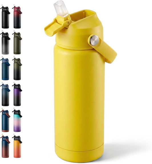 Fijinhom 18oz Insulated Stainless Steel Water Bottle, Wide Mouth Double Wall Vacuum, Silicone Straw, Sweat & Leak Proof, BPA Free Insulated Water Flask for Travel, Keep Cold 24h Hot 12h, Yellow