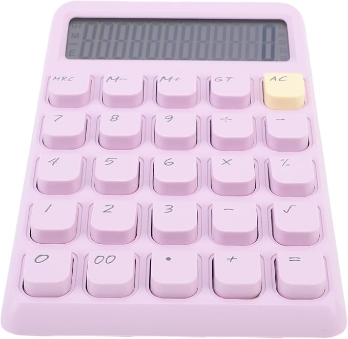 Focket 12 Digit Calculator, Solar Powered Large Display Calculator, Compact with High Sensitivity Mechanical Keys for School Office Home Use (Purple)