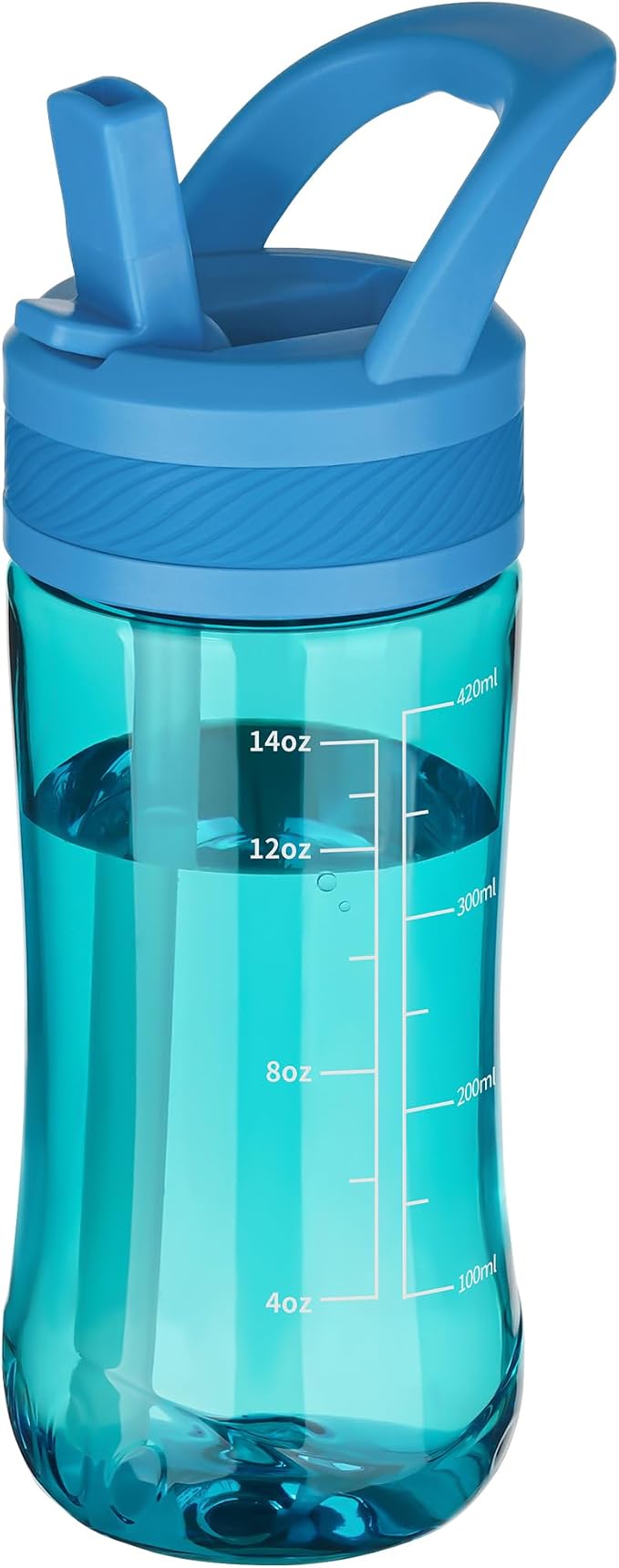 14oz Clear Kids Water Bottle with Straw Lid, BPA-Free Tritan, Measurement Scale, Sturdy Handle Wide Mouth Leak-proof Reusable Plastic Bottle for Boy& Girls, Back to School(Blue)