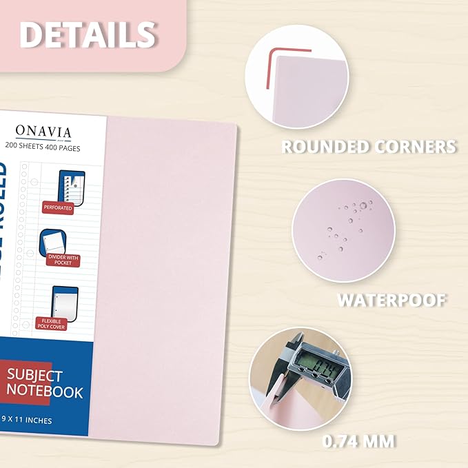 ONAVIA 5 Subject Spiral Notebook, 1 Pack, College Ruled, 9 x 11 in, 200 Sheets, Poly Cover, 3-Hole Punched with Dividers and Pockets for Classroom Study, Cornflower
