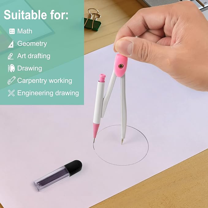 3 Packs Colorful Basic Metal Math Compass for Geometry Set,Extra Leads, Mechanical Pencil Desiged,Drawing Tools Compass for Students School Supplies and Office Supplies (Pink,Blue and Green)