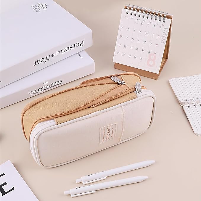 iSuperb Big Capacity Pencil Case Large Pencil Pouch Stationery Pen Bag for Teen Girls Boys, Back to School Supplies(Khaki+Beige)