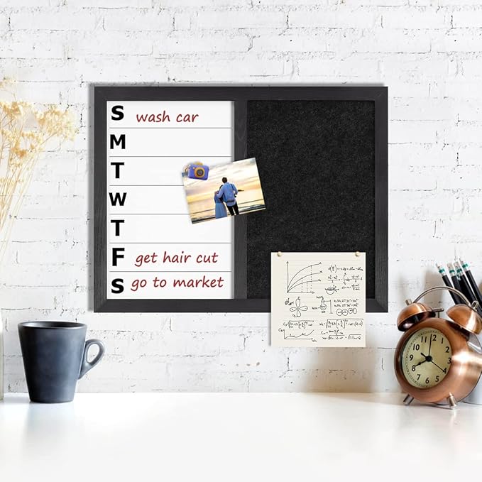 13" x 17" Magnetic Weekly Dry Erase White Board and Felt Board, Black Wood Frame，Magnetic Surface Whiteboard for Home Office and Wall Decor(ZHZL-3343)