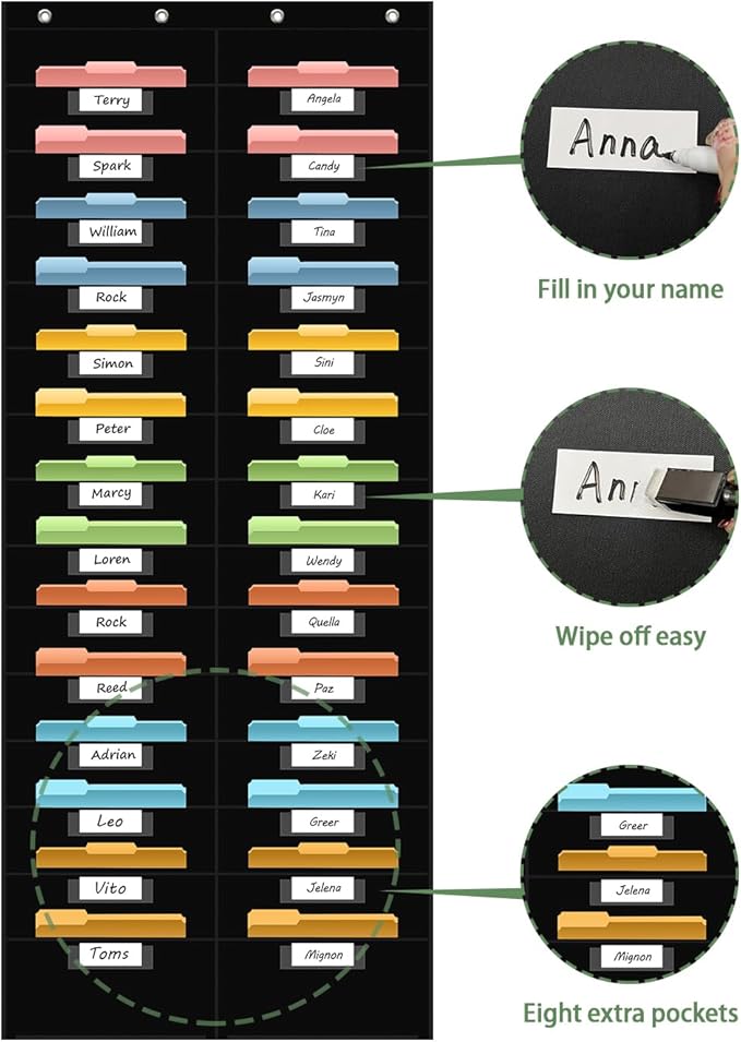 ANCOMEDO 28 Pocket Hanging Wall File Organizer with 28 Name tag Pockets, File Storage Pocket Chart for Classroom and Office Use. Keeps Assignments, Files, Scrapbooks, and Papers Neatly Organized.