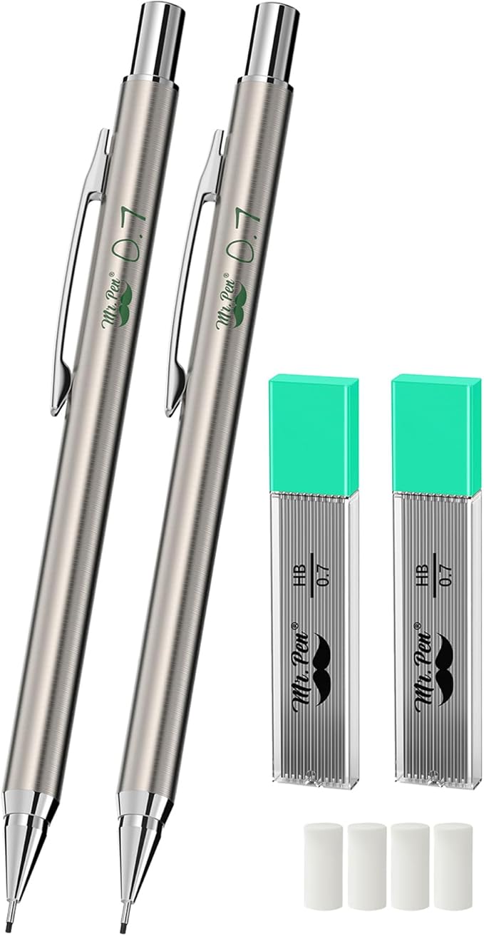 Mr. Pen- Metal Mechanical Pencil Set with Lead Refills & Erasers, 2 Pack, 0.7mm, 4x Tubes HB Lead Refill, 4x Eraser Refills for School Supplies, Note Taking, Drawing, Sketching, Office