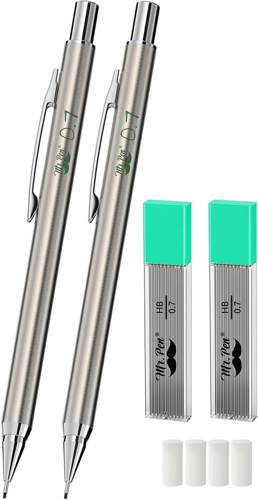 Mr. Pen- Metal Mechanical Pencil Set with Lead Refills & Erasers, 2 Pack, 0.7mm, 4x Tubes HB Lead Refill, 4x Eraser Refills for School Supplies, Note Taking, Drawing, Sketching, Office