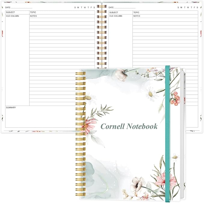 Yaridar A4 Cornell Notes Notebook - 8.5" x 11" College Spiral Cornell Notebooks for Note Taking, Subject College Ruled Steno Pads for Office School/Home, Pink Flower