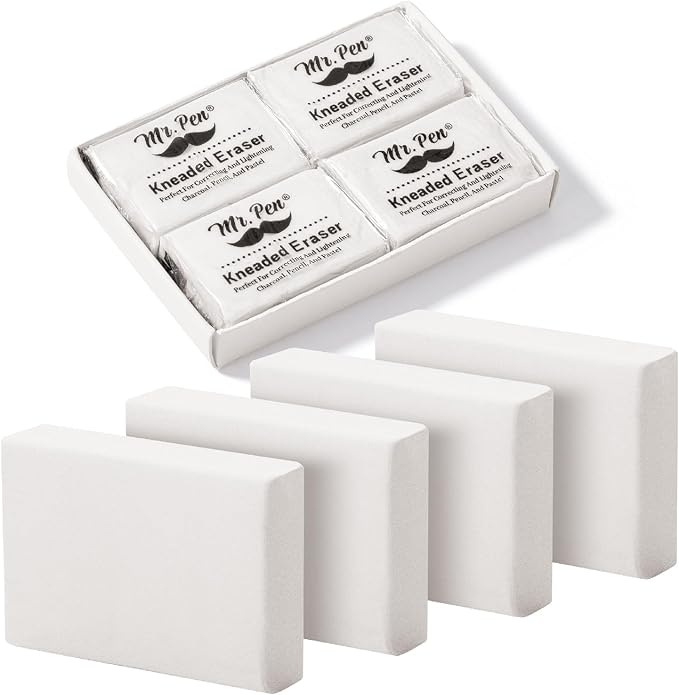 Mr. Pen- Kneaded Erasers, 0.9" x 1.18", 4 Pack, White, Soft Moldable Art Erasers for Charcoal, Graphite & Pastel Drawing, Precision Highlighting, Smudge Control, Easy Shaping for Artists & Students