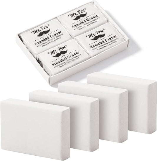 Mr. Pen- Kneaded Erasers, 0.9" x 1.18", 4 Pack, White, Soft Moldable Art Erasers for Charcoal, Graphite & Pastel Drawing, Precision Highlighting, Smudge Control, Easy Shaping for Artists & Students