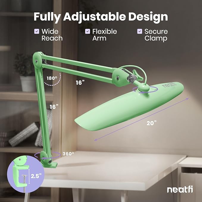 Neatfi XL 2200 Lumens 24W LED Desk Lamp – Shadow-Free Task Lighting | 4-Level Dimming | Home Office & Crafts Use | 20-Inch Wide Head (Midnight Green, Non-CCT with Clamp)