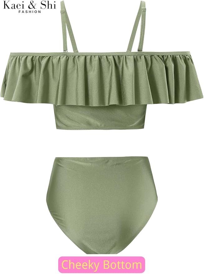 Kaei&Shi High Waisted Flounce Bikini Set,Tummy Control Swimsuits for Women,Off Shoulder