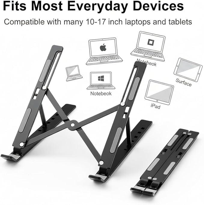 Foldable Laptop Stand, 7-Level Adjustable Aluminum Alloy Tablet Holder, Ultra-Thin Portable Notebook Riser for Desk, Office, Home, Travel (Black,Aluminum Alloy)