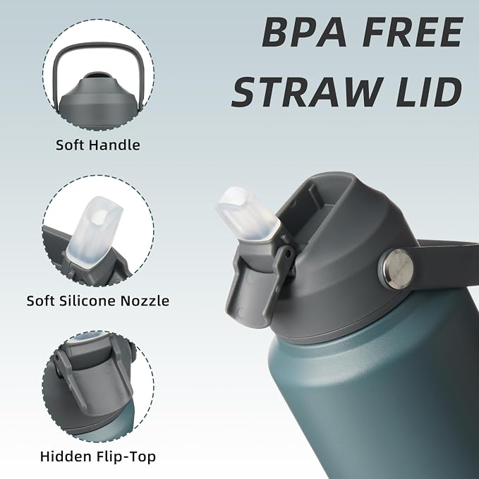 BJPKPK 40oz Insulated Water Bottle, Stainless Steel Bottle with Straw Lid | Soft Silicone Nozzle, Keep Cold & Hot, Leak-Proof BPA-Free Metal Bottle with Flex Handle for Travel, Gym & Everyday Hydration