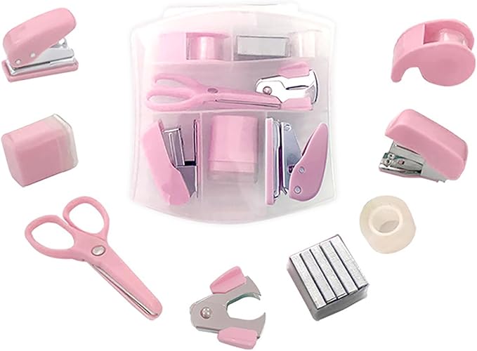 Mini Office Supply Kits Mini School Supplies – Includes Mini Stapler,Scissors, Staple Remover, Staples, Tape Dispenser (Pink)