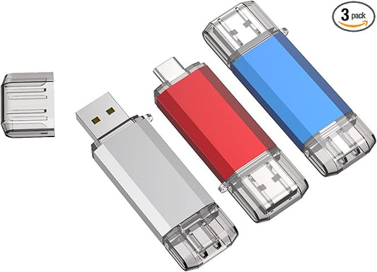 RAOYI 3 Pack 128GB USB C Flash Drive, 2 in 1 USB 3.0 Type C Dual OTG Metal Thumb Drive Jump Drive Memory Stick with Keychain Suitable for USB-C Smartphones, Computers and Tablets (Red,Silver,Blue)