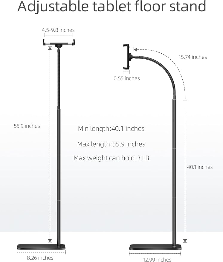 LanPavilion iPad Stand, Adjustable Tablet Floor Stand Metal Tablet Holder with Flexible Gooseneck, Compatible with iPad, Kindle, and Cell Phones (4.7''-13''), Ideal for Hands-Free Use