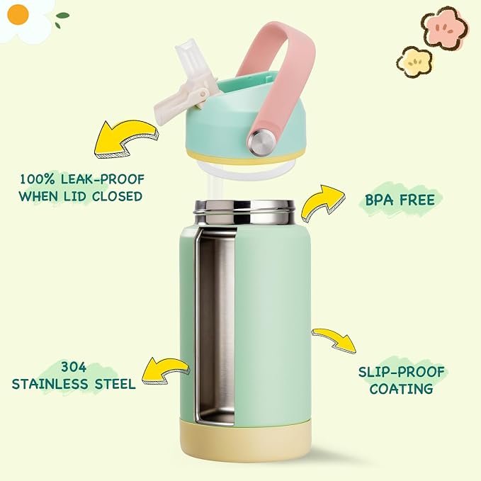 Kerilyn 12oz Water Bottle, Stainless Steel Insulated Water Bottle with Straws Leak-Proof, Water Cup Double Wall Vacuum, BPA Free, Grassy Green