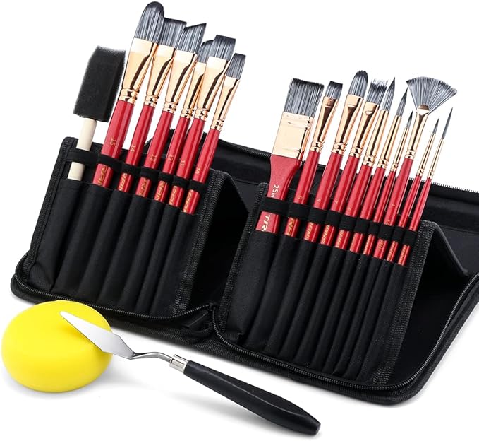 Transon 20Pcs Art Paint Brush Kit with Storage Case, 16 Brushes + Foam Brush Spatula Sponge for Acrylic Oil Watercolor Gouache, Adults Teens Beginners Art Supplies