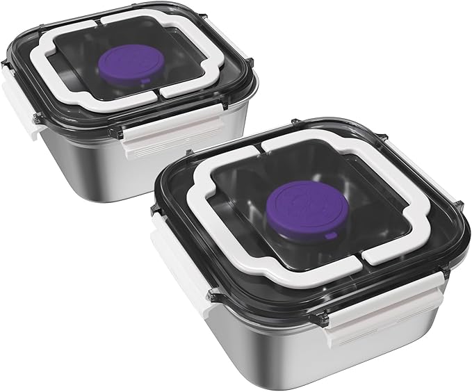 Set of 2 Salad Container for Lunch Large-60-oz Salad Bowl with Lid,3 Compartment Bento-Style Tray and 1.5-oz Salad Dressings Container,Stainless Steel container with Lids, Lunch Box, Bento Box（White）