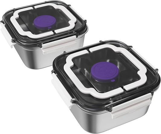 Set of 2 Salad Container for Lunch Large-60-oz Salad Bowl with Lid,3 Compartment Bento-Style Tray and 1.5-oz Salad Dressings Container,Stainless Steel container with Lids, Lunch Box, Bento Box（White）