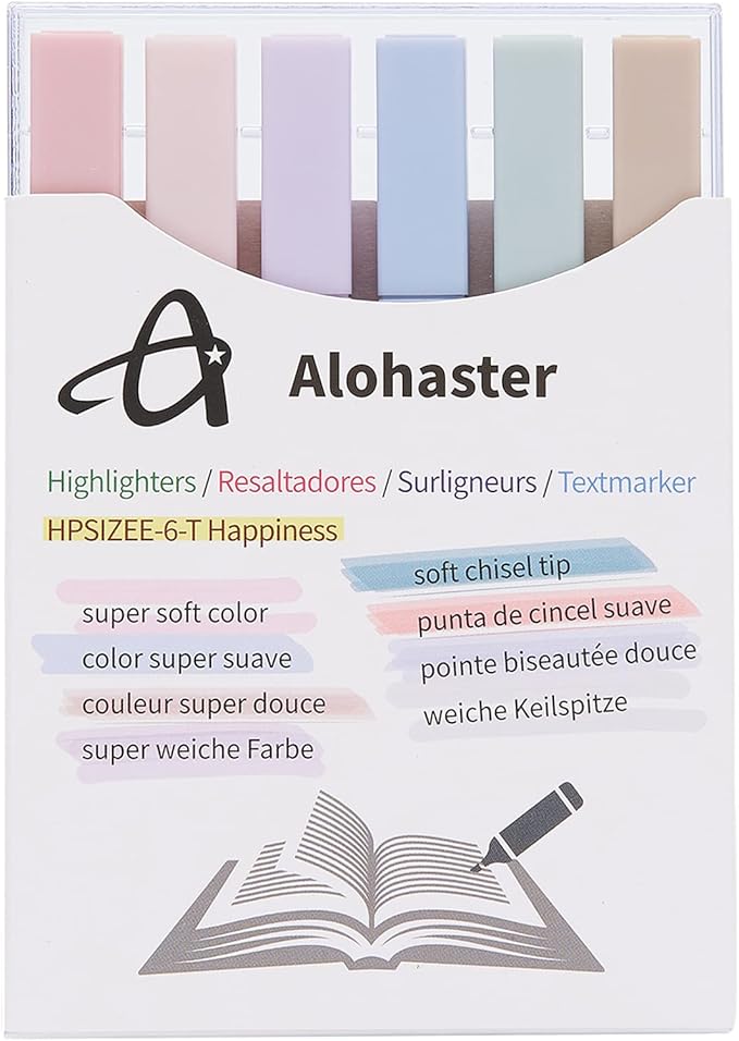 Alohaster HPSIZEE Aesthetic Cute Highlighters Mild Assorted Colors With Soft Chisel Tip, No Bleed Dry Fast Easy to Hold, for Journal Bible Planner Notes School Office Supplies, 6 Pack - Happiness