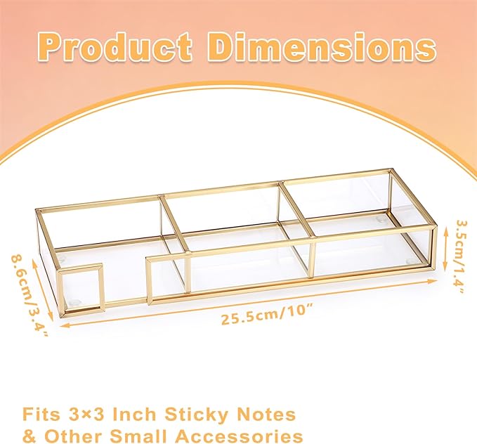 BTSKY Golden Glass 3 In 1 3x3 Inch Sticky Note Holder, Elegant Post It Note Dispenser Paper Clip Holder with Non-Slip Pads Clear Notepad Holder for Desk Organization Planning, Home Office Decor