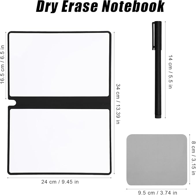 Portable Dry Erase Notebook, Reusable A5 Small Whiteboard with Marker Cleaning Cloth Double-Sided Dry Erase Writing Board for Office School Home Business (Black)