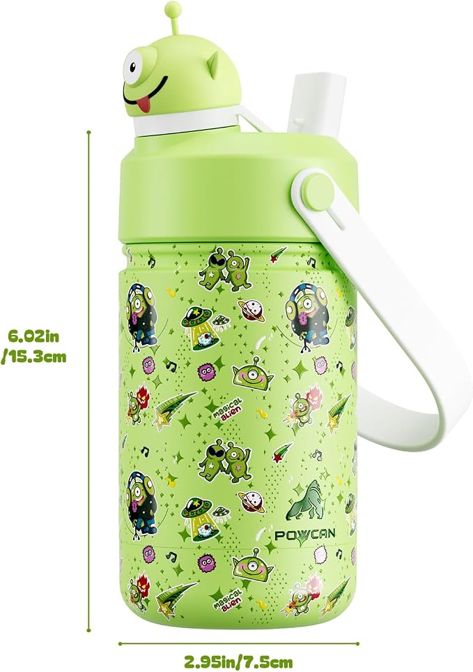 POWCAN 12 oz Insulated Water Bottle for School: 2-in-1 Straw Spout Lid with Soft Animal Head, BPA-Free, Leakproof, Keep Cold 24H, Easy Carry, Stainless Steel Cup for Boys, Girls, Kids (Alien Party)