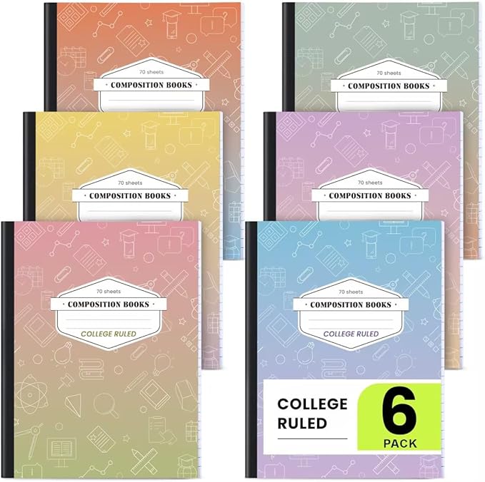 Oucaru Composition Notebook 6 Pack College Ruled, Gradient Cover Notebooks for School, 70 Sheets 7-1/2"x9-3/4, Back to School Supplies Journal for K-12 Students