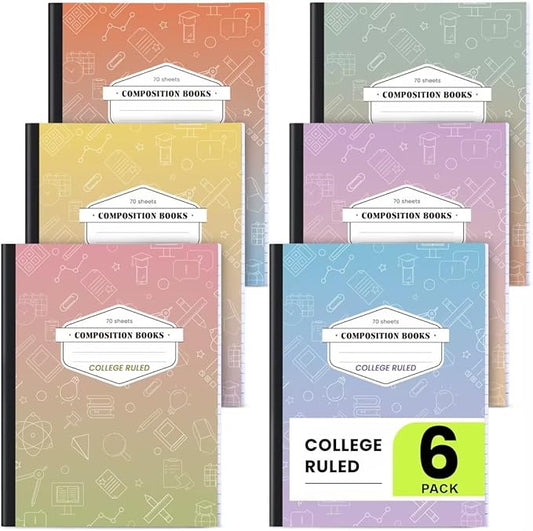 Oucaru Composition Notebook 6 Pack College Ruled, Gradient Cover Notebooks for School, 70 Sheets 7-1/2"x9-3/4, Back to School Supplies Journal for K-12 Students