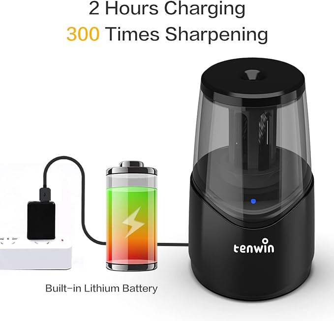 tenwin Rechargeable Electric Pencil Sharpener with Durable Helical Blade to Fast Sharpen, Heavy Duty Pencil Sharpener for No.2 & Colored 6-8mm Pencils for School Office Home (Black)