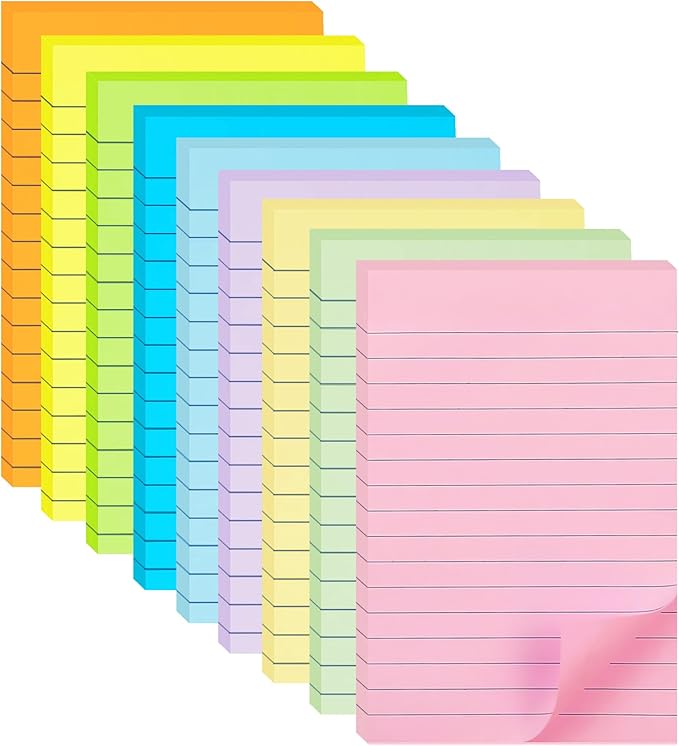 HQCME 9 Pack Lined Sticky Notes 4X6 in Post, 9 Pastel Colors Large Ruled Post Sticky Colorful Super Sticking Power Memo Pads Strong Adhesive, Sticky Notes with Lines Office, Home, 35 Sheets/pad