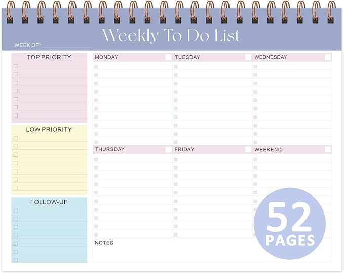 Weekly To Do List Notepad, 52 Sheets Undated Weekly Planner, 8.5"x11" Letter Size Horizontal Desk Pad with 100GSM Thick Paper, Twin-Wire Spiral Bound Tear Off Lined Organizer for Office Work, School & Home