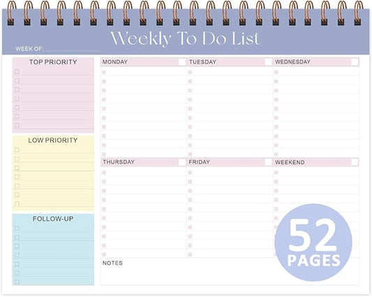 Weekly To Do List Notepad, 52 Sheets Undated Weekly Planner, 8.5"x11" Letter Size Horizontal Desk Pad with 100GSM Thick Paper, Twin-Wire Spiral Bound Tear Off Lined Organizer for Office Work, School & Home