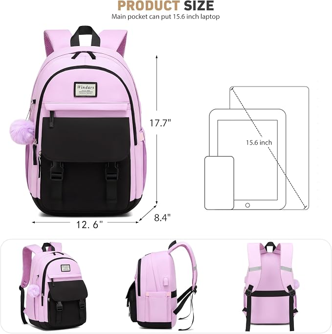 WINDARS School Backpack for Teen Girls, Cute College Backpacks for Women Students Aesthetic Bookbag Large 15.6 Inch Laptop Bag Middle School Travel Back Pack (Black Purple)