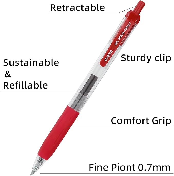 EYEYE G-103 Red Gel Pens 15 Pack, Retractable, 0.7mm Medium Point | Quick Drying, Ballpoint Pen Fine Point Smooth Writing Pens for Office Supplies, Black to School