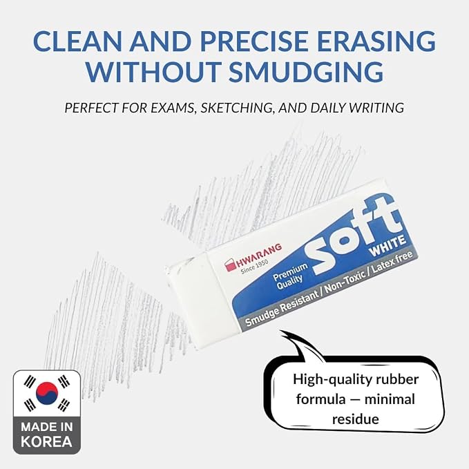 Hwarang Original Korean Art Eraser Set – Soft, Clean Erasing, Professional & School Supplies, Quality Proven, Dust-Free, Smudge-Proof, Eco Friendly - 12 Erasers in a Set