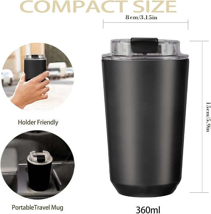 DEQIANG Travel Coffee Cup, Coffee Cup Travel with Lid, Insulated Coffee Mug for Hot & Cold Beverages, Great Gift Choice for Coffee Lovers, Office Workers, Hikers & Commuters (Black, 12 oz)