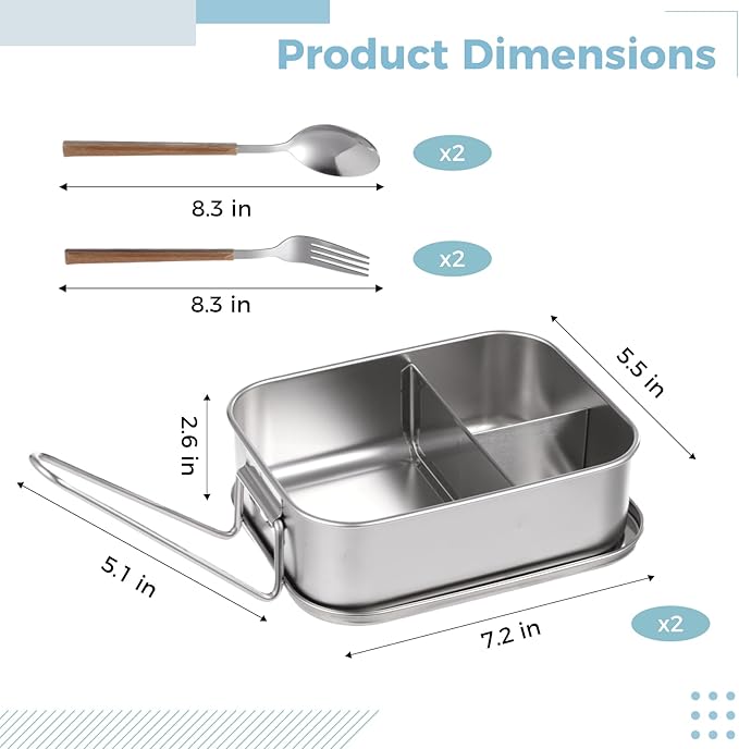 2 Pcs 304 Stainless Steel Bento Box, 1200ml 3-Compartment Metal Lunch Container with Fork and Spoon, Leak Proof Metal Lunch Container for Youngsters and Adults